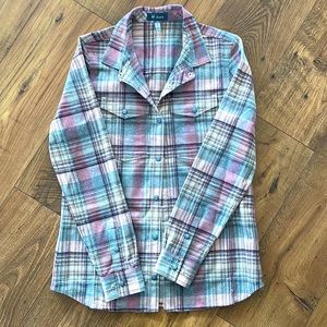 Original Ibex merino wool flannel button up shirt, womens Small, pink gray plaid